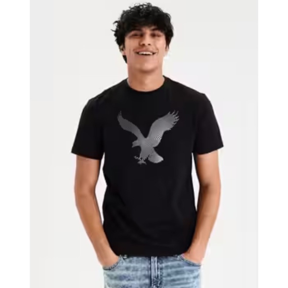 American Eagle Graphic T-Shirt Eagle Logo Standard Fit Black XS‎